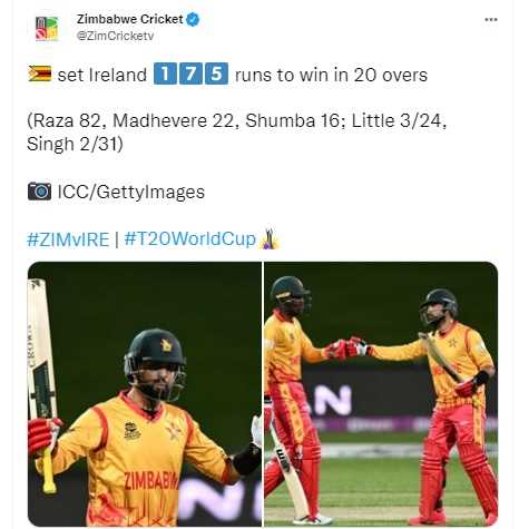 Zimbabwe set Ireland a target of 175 in T20 World Cup opener