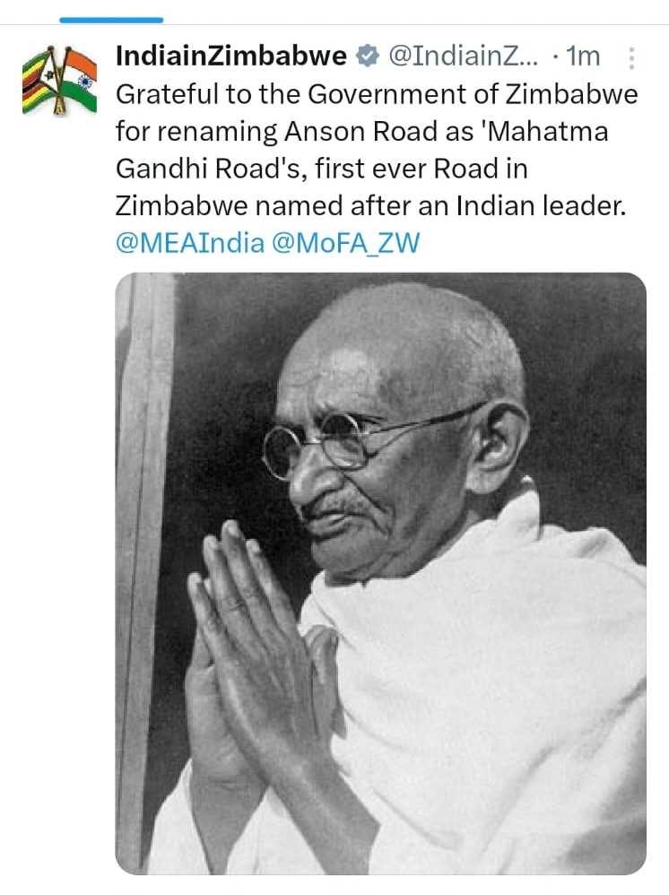 India thanks Zim for honouring Mahatma Gandhi with road name